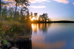Sonnenaufgang über einem ruhigen See mit Bäumen im Hintergrund.