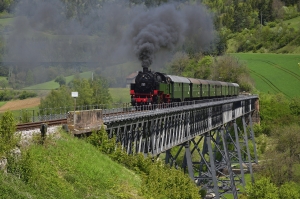 Dampflok mit Waggons auf Brücke in grüner Landschaft.
