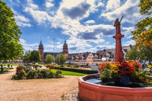 Historische Stadtansicht mit Brunnen und Blumen im Vordergrund.