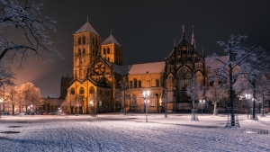 Historische Kathedrale im Winter, beleuchtet bei Nacht, schneebedeckte Bäume und Boden.