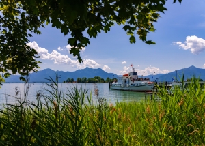 Schiff auf dem Chiemsee vor Bergkulisse, umgeben von Schilfrohr und Bäumen.