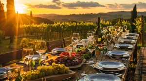 Festlich gedeckter Tisch im Weinberg bei Sonnenuntergang