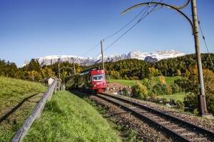 Rote Schmalspurbahn auf Gleis vor Bergkulisse und grüner Landschaft.