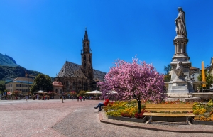 Marktplatz mit Blumen, Baum und Kirche bei sonnigem Wetter.