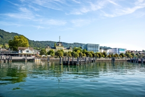 Panoramaansicht der Hafenfront in Bregenz am Bodensee mit klarem Himmel.