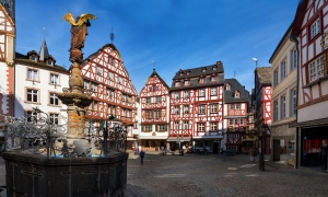 Stadtplatz mit Fachwerkhäusern und Brunnen, blauer Himmel im Hintergrund.