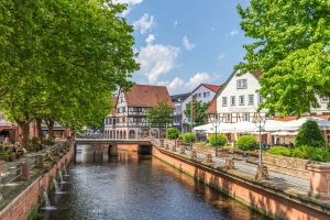 Kanal mit Fachwerkhäusern und Bäumen unter blauem Himmel in deutscher Altstadt.