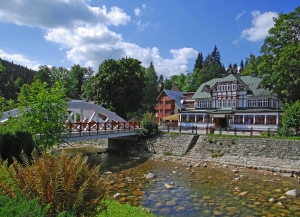 Bach mit einer Steinbrücke und traditionellen Gebäuden im Hintergrund bei sonnigem Wetter.