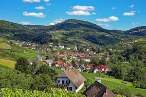 Landschaft mit Dorf, Weinbergen und Hügeln unter blauem Himmel.