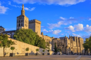 Historischer Papstpalast mit mittelalterlicher Architektur und blauen Himmel in Avignon.