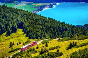 Roter Zug fährt durch Waldlandschaft neben blauem See.