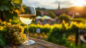 Weißweinglas und Trauben im Sonnenuntergang vor einem Weinberg.