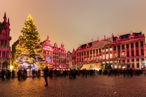 Weihnachtsbaum auf einem geschmückten Platz mit historischen Gebäuden