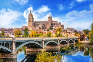 Brücke und Kathedrale in Salamanca bei Tageslicht, reflektiert im Wasser.