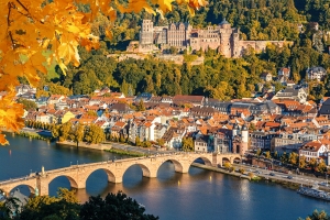 Stadtansicht mit Schloss und Fluss, Brücke im Vordergrund, Herbstlaub oben links.