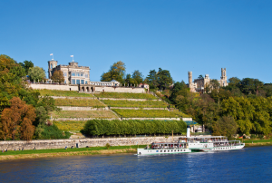 Schloss an einem Hügel mit Weinbergen und einem Fluss im Vordergrund.