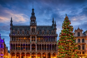 Historisches Gebäude und geschmückter Weihnachtsbaum bei Abenddämmerung.
