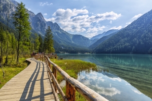 Holzsteg führt entlang eines klaren Bergsees mit Bergen und Bäumen im Hintergrund.