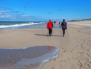 Menschen wandern mit Nordic-Walking-Stöcken am Strand entlang bei sonnigem Wetter.