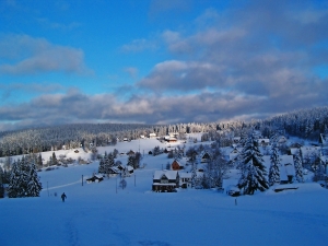 Winterlandschaft mit schneebedeckten Häusern und Bäumen unter einem blauen Himmel mit Wolken.