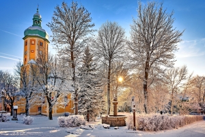 Verschneiter Park mit Bäumen und gelber Kirche im Hintergrund.